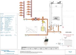 Large snow melt system with multiple manifold distribution. One zone, but lots of manifolds. Use for driveway and sidewalks. This design was for driveway and sidewalks for a small medical office. 150,000-199,000 BTU boiler.