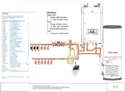 150,000-199,000 BTU boiler and indirect tank with 1¼" header, ECM pump and zone valves going to the manifolds. Diagram for boiler system