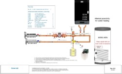 Small snowmelt system with indirect tank, with alternate possibility for water heating. Sized for 85,000-150,000 BTU boiler. can be adapted for other boilers.